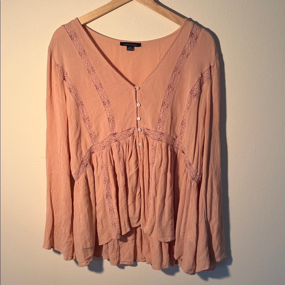American Eagle Peach Lace-Trim V-Neck Peasant Top Sal
